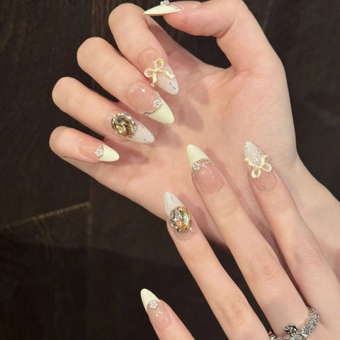 10pcs Cream Yellow French Style False Nail Summer Sequins Bowknots Rhinestone Decor Handmade Press On Nails Gentle Almond Nail