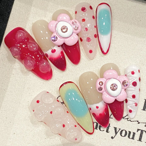 10pcs Creative Summer False Nails Handmade 3D Colorful Flower Insect Designs Press On Nails Y2k French Style Spring Fake Nail