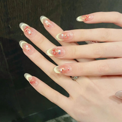 10pcs Sweet Cherry Press On Nails For Women Girls Shiny Smile Cat's Eye Y2k Star Handmade Fake Nails Gentle Blush False Nail