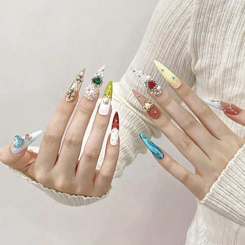 10pcs Handmade French Tips Fake Nails Flash Diamond Heart Pearl Tulip Flower Designs Press On Nails Luxury False Nails For Women