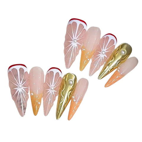 10pcs Handmade Press On Nails 3D Simulation Sweet Orange Designs False Nail Patches Reusable Long Stiletto Fake Nails Salon Art