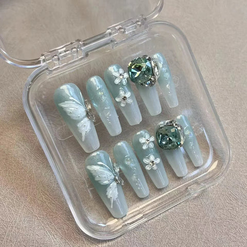 10pcs Blue Green Fake Nail Tips Long Coffin Handmade Press On Nails Butterfly Flower Big Glossy Diamond Designs False Nails