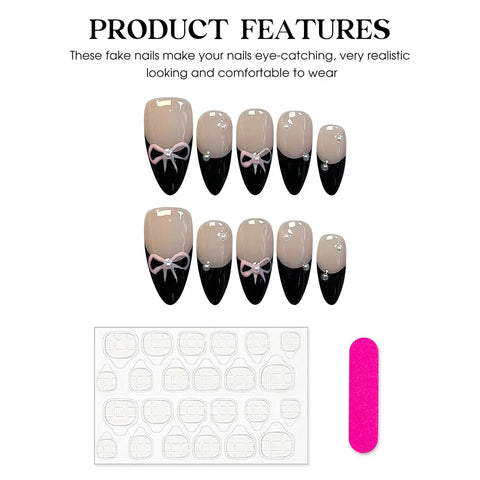 10pcs Black French False Nails Bowknots Designed Handmade Press On Nail Glossy Short Almond Wearable Fake Nail Patches Salon Art