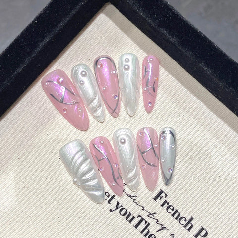 10pcs Long Almond Press On Nails Handmade Pink White Cat's Eye False Nail Tips Pearl Designs Sweet Wearable Fake Nail Patches