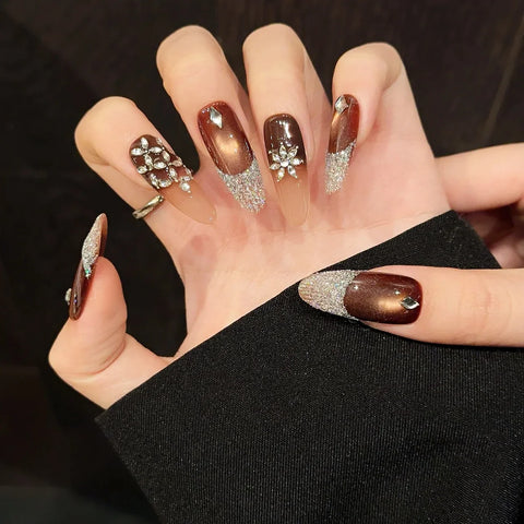 10pcs Handmade Press On Nails Full Shimmery Diamond French Style Light Luxury False Nails Brown Cat's Eye Almond Fake Nail Tips