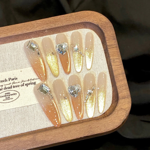 10pcs Handmade Red False Nails Long Stiletto Punk Style Press On Nails Y2k Glossy Diamond Flower Designs Fake Nail Patches