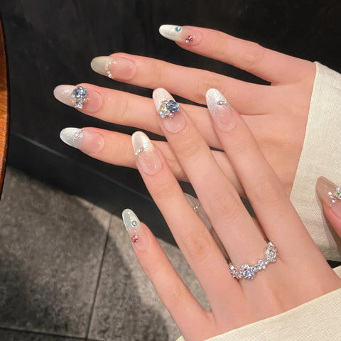 10pcs Colorful French Style False Nails Dopamine Glossy Cat's Eye Fresh Handmade Press On Nails Summer Shiny Diamond Fake Nail