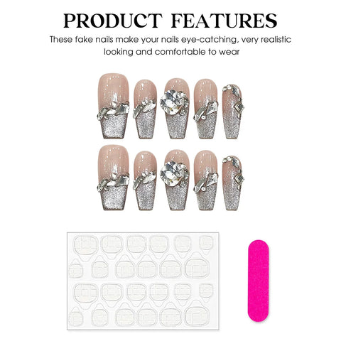 10pcs Handmade Press On Nails Flash Cat's Eye Nude Color Fake Nail Patches French Style Glossy Rhinestone Decor Fake Nail Tips