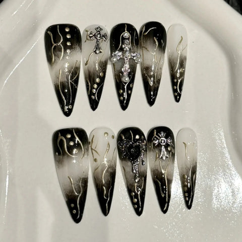10pcs Y2k Long Stiletto False Nail Tips Gradient Black Metal Heart Cross Decor Handmade Press On Nails Sweet Cool DIY Manicure