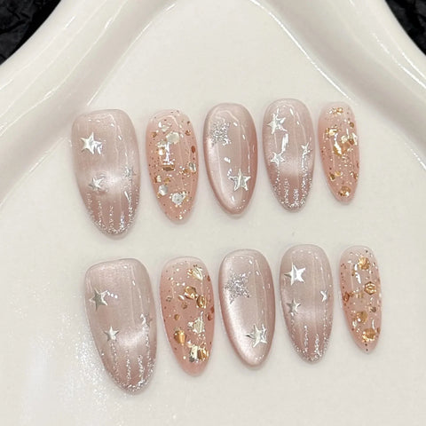 10pcs Baroque Handmade Press On Nails Romantic Cat's Eye Flash Silver Star Gold Foil Designs False Nail Y2k Almond Fake Nails