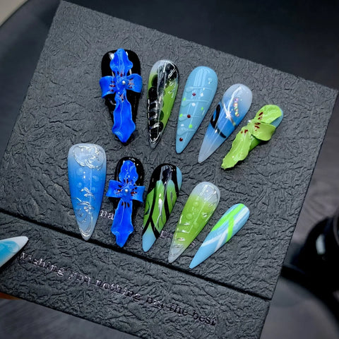 10pcs Sweet Cool Handmade False Nails Y2k Long Stiletto Blue 3D Carved Flower Press On Nails Hawaiian Style Summer Fake Nail