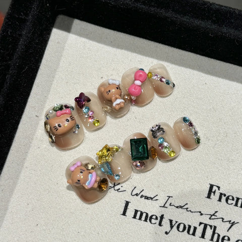 10pcs Short Ladder Handmade False Nails Hand-painted Sweet Cat French Blush Fake Nail With Pink Stereo Bowknots Press On Nail