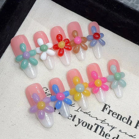 10pcs Handmade Yellow Plumeria Press On Nails Gradient Mint Green French Style False Nails Long Ballerina Wearable Summer Nail