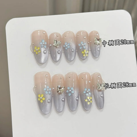 10pcs Candy Ice Flower False Nails Handmade Light Blue French Style Ctystal Butterfly Press On Nail Dopamine spring Fake Nails