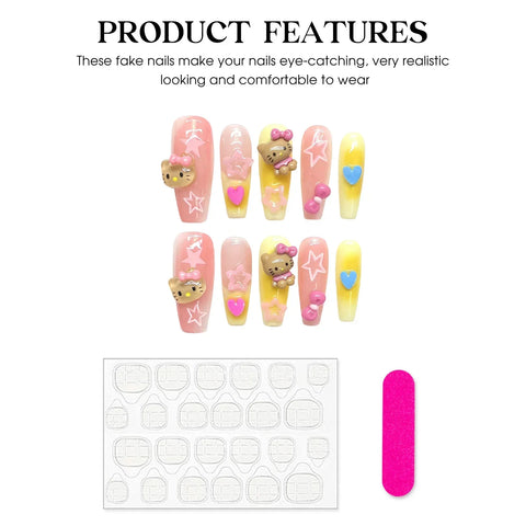 10pcs Handmade Press On Nails Pink Yellow French Style Long Coffin False Nails 3D Cute Cat Bowknots Decor Fake Nail Manicure Art