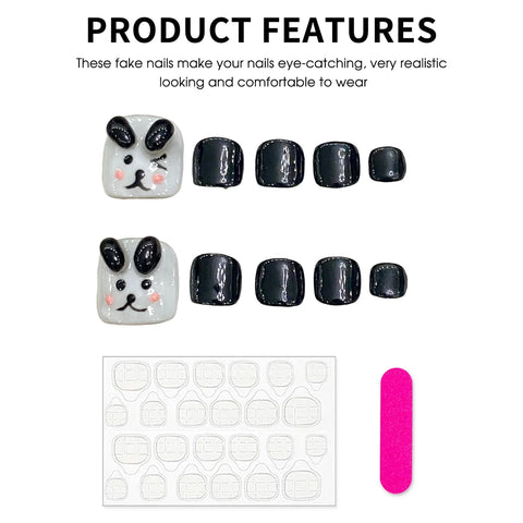 10pcs Hand-painted Cute Puppy Press On Toenails Black White Short Square Head False Toe Nails Crative Charm Stick-on Toenails