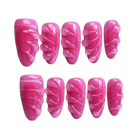 10pcs Handmade Press On Nails Rose Pink 3D Water Drop Designs Fake Nail Patches Glossy Almond Reusable False Nails Salon Art