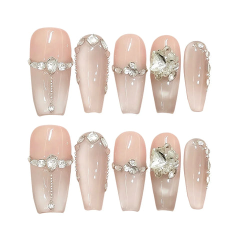10pcs Handmade Press On Nails Pure Nude Color Cat's Eye Light Pink False Nails Glossy Diamond French Style Fake Nail Wearable
