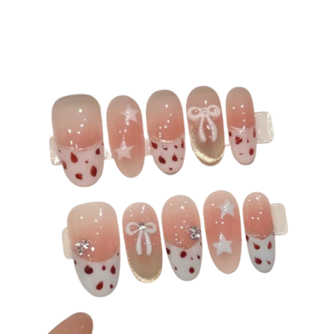 10pcs Cute Short Almond Press On Nails White Edge Leopard Print French Style Handmade False Nails Bowknots Star Blush Fake Nail
