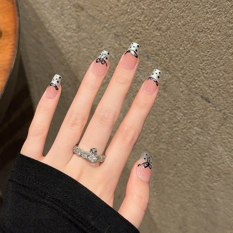 10pcs Short Square False Nails Handmade Blush Pink Press On Nails French Style Lace Wave Point Bowknots Designs Fake Nail Art