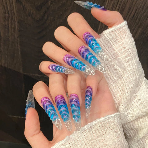 10pcs Handmade Press On Nails Gradient Blue Purple 3D Water Ripple French Style Fake Nails Starry Sky Long Ballerina False Nail