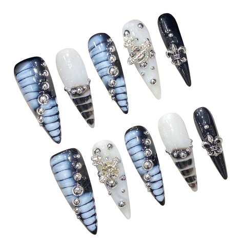 10pcs Handmade Press On Nails Autora Blue Long Stiletto Fake Nail Tips French Style Alligator Print Diamond Decor False Nails