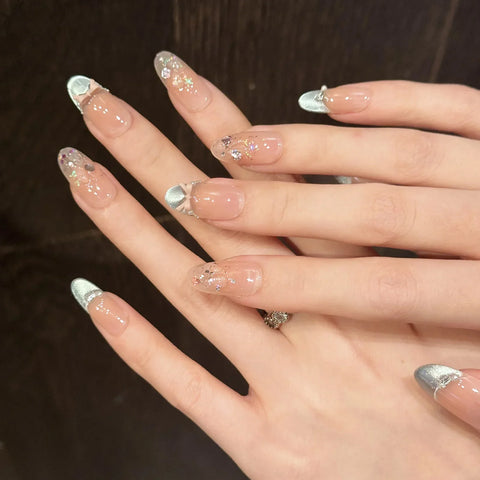 10pcs Flash Sequins Cat's Eye Press On Nails Sweet Almond Korean False Nail With Bows Pearl Decor Mint Green French Fake Nails