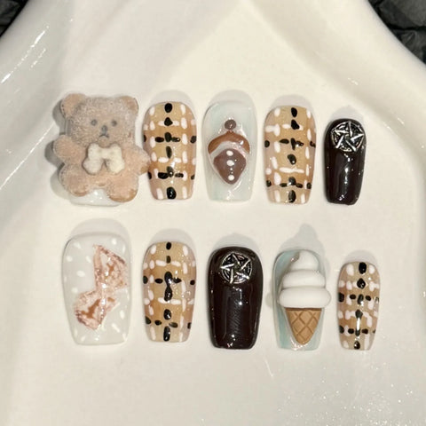 10pcs Handmade Press On Nails Punk Style Metal Bear Bowknot Butterfly Decor False Nail Sweet Cool Short T Fake Nail For Hot Girl