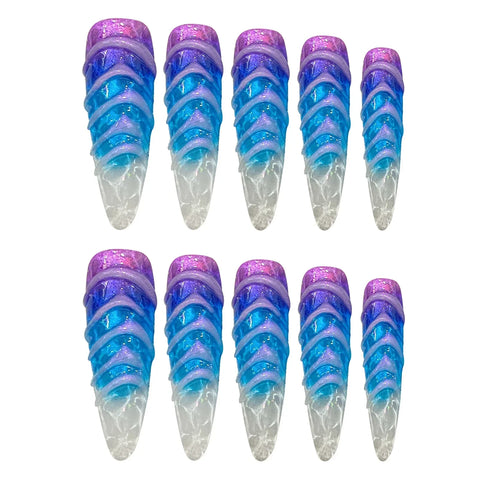 10pcs Handmade Press On Nails Gradient Blue Purple 3D Water Ripple French Style Fake Nails Starry Sky Long Ballerina False Nail