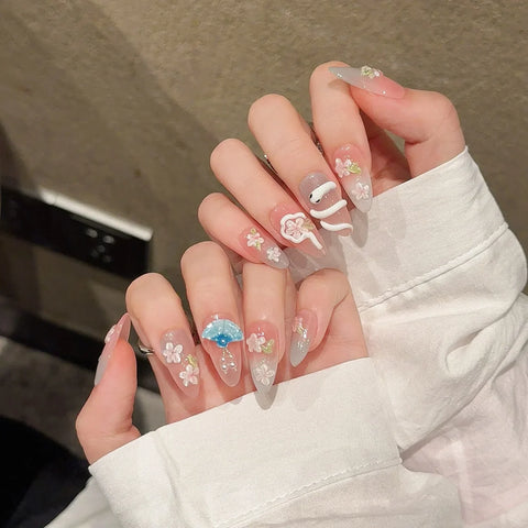 10pcs Blush Pink False Nail Patches Handmade Almond Press On Nails With 3D Snake Peach Flower Decor Korean Style Fake Nails Art