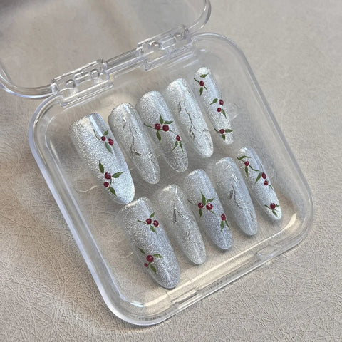 10pcs Handmade Sliver Fake Nails Long Almond Flash Cat's Eye Press On Nails Hand Painted Cherry Designs False Nail For Women