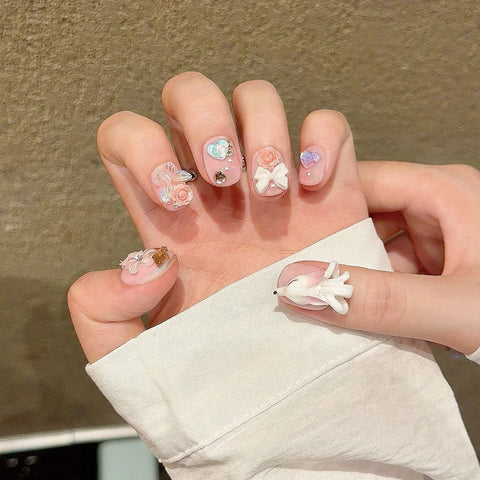 10pcs Handmade Press On Nails Light PInk Short Square Fake Nail Tips With 3D Fox Flower Bows Butterfly Designs Sweet False Nails