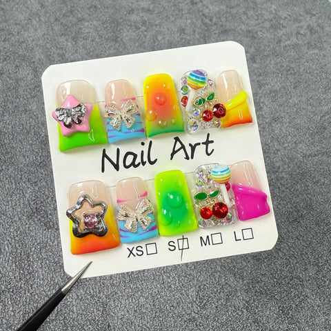 10pcs Colorful French Style Handmade Fake Nails Shiny Diamond Cherry Star Lolipop Butterfly Press On Nails Sweet Cool False Nail