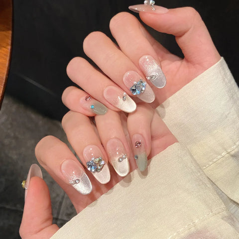 10pcs Colorful French Style False Nails Dopamine Glossy Cat's Eye Fresh Handmade Press On Nails Summer Shiny Diamond Fake Nail