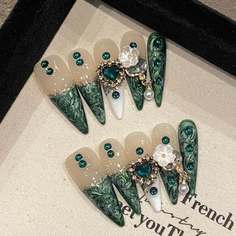 10pcs Emerald Long Almond False Nails 3D Gold Metal Bowknots Full Flash Diamond Crystal Press On Nail Luxury Handmade Fake Nail