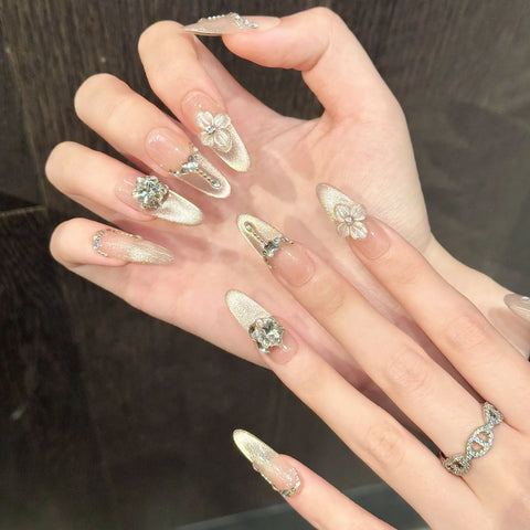 10pcs Long Almond Ballet False Nail Ice Transparent Cat Eye 3D Carving Flower Handmade Press on Nail Flash Rhinestone Fake Nails
