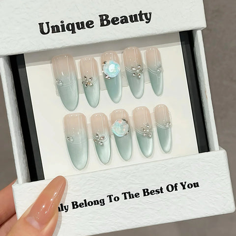 10pcs Solid Color Handmade False Nails Light Green French Style Gentle Long Almond Press On Nails Shiny Diamond Summer Fake Nail