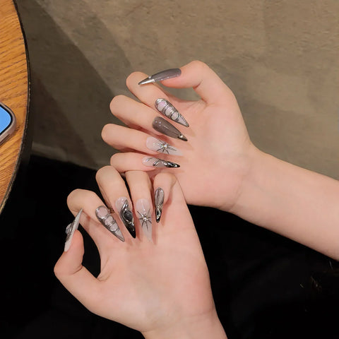 10pcs Punk Style Press On Nails Handmade Long Stiletto Y2k Fake Nail Tips Glossy Grey Fake Nail Patches With Metal Stripe Decor