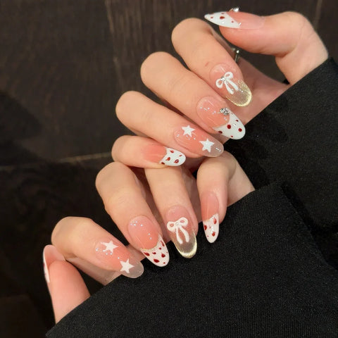 10pcs Cute Short Almond Press On Nails White Edge Leopard Print French Style Handmade False Nails Bowknots Star Blush Fake Nail