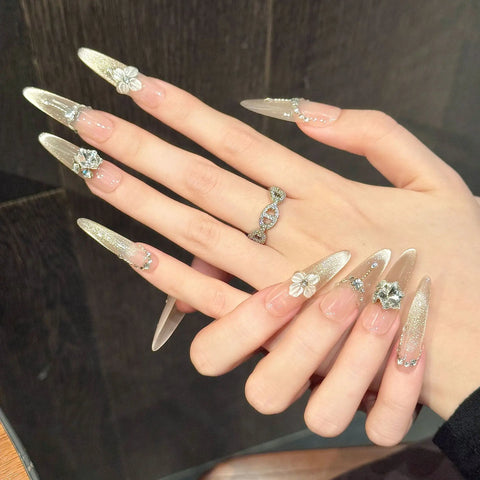 10pcs Long Almond Ballet False Nail Ice Transparent Cat Eye 3D Carving Flower Handmade Press on Nail Flash Rhinestone Fake Nails