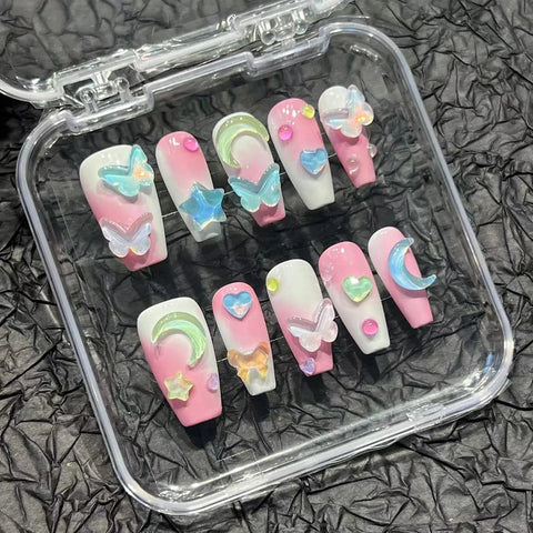 10pcs Detachable Press on Nails Sugar Cream Sparkling Handmade Fake Nails Glossy Purple False Nail Tips With 3D Moon Star Design