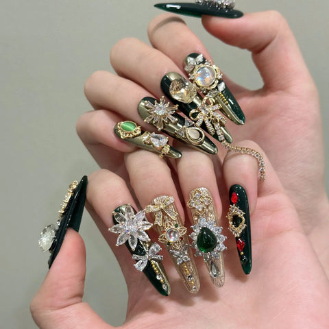 10pcs Emerald Long Almond False Nails 3D Gold Metal Bowknots Full Flash Diamond Crystal Press On Nail Luxury Handmade Fake Nail