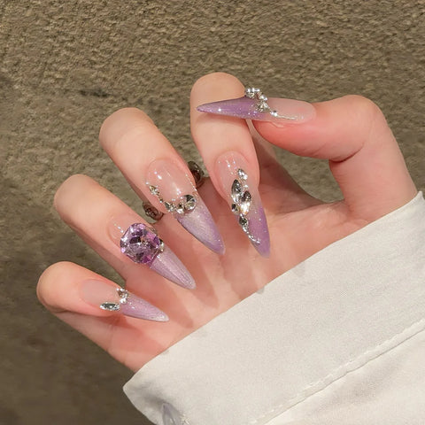 10pcs Purple French Style Fake Nail Patches Handmade Long Stiletto Press On Nails Glitter Rhinestone Designs Korean False Nail
