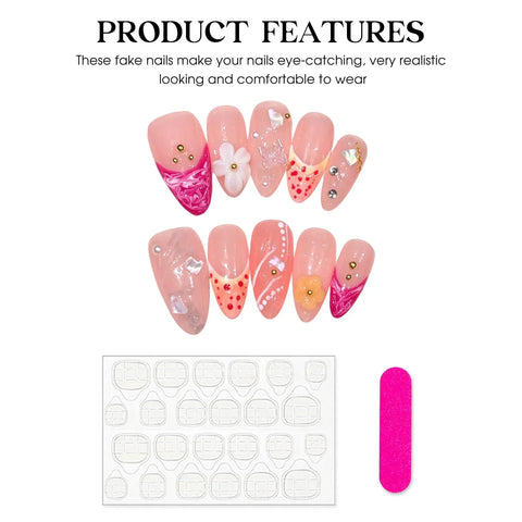 10pcs Handmade Almond Press On Nails Light Pink French Style Fake Nail Patches Paint Flower Flash Rhinestone Decor False Nails