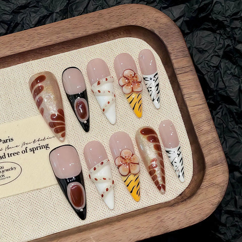 10pcs Vitality Orange French Handmade Press On Nails 3D Carving Egg Flower Designs False Nail Long Ballet Summer Fake Nail Tips