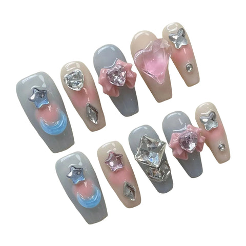 10pcs Candy Color Handmade False Nails 3D Moon Star Bowknots Glossy Diamond Decor Press On Nails Sweet Fashion Fake Nail Patches