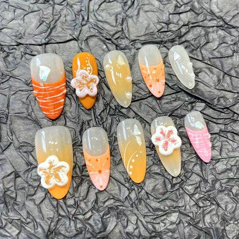 10pcs French Style Handmade False Nails Painted Almond 3D Flowers Decor Press On Nails Orange Wearable Fake Nail Summer Manicure
