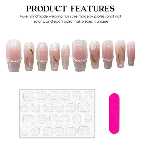 10pcs Blush Pink Press On Nails Handmade Wearable Fake Nail Patches With Pearl Flower Designed Korean Style False Nail Tips