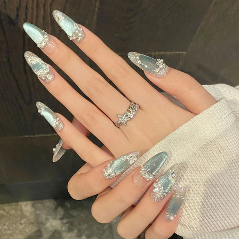 10pcs Light Luxury Handmade Fake Nails Shiny Blue Cat's Eye Almond False Nails Pearl Diamond Flash Silver Powder Press On Nail