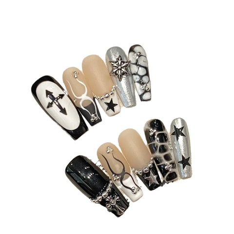 10pcs Y2k Black French Press On Nails Handmade Crocodile Pattern Five-point Star False Nails Metal Punk Style DIY Manicure Art